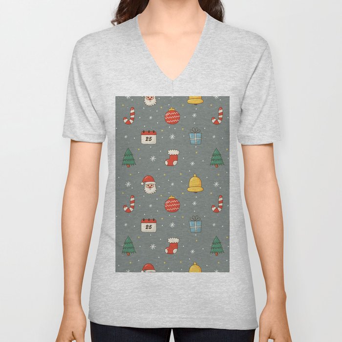 Christmas Characters Seamless Pattern on Gray Background V Neck T Shirt