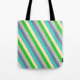 [ Thumbnail: Eyecatching Grey, Light Slate Gray, Turquoise, Beige & Lime Green Colored Stripes/Lines Pattern Tote Bag ]