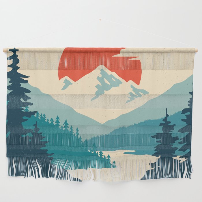 Vintage mountain landscape with sun, mountains and forest. Vintage illustration.  Wall Hanging