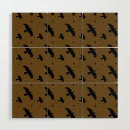 Crows or Ravens In Flight Black Silhouette Pattern On Ochre Wood Wall Art