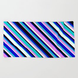 [ Thumbnail: Eyecatching Blue, Dark Turquoise, Violet, Mint Cream, and Black Colored Stripes Pattern Beach Towel ]
