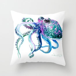 Octopus, Turquoise Green Purple Pink Octopus Design Throw Pillow