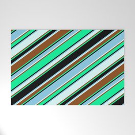 [ Thumbnail: Vibrant Green, Black, Sky Blue, Light Cyan & Brown Colored Lined/Striped Pattern Welcome Mat ]