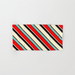 [ Thumbnail: Red, Turquoise, Light Yellow & Black Colored Lined/Striped Pattern Hand & Bath Towel ]