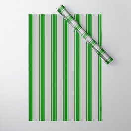 [ Thumbnail: Grey and Green Colored Stripes Pattern Wrapping Paper ]