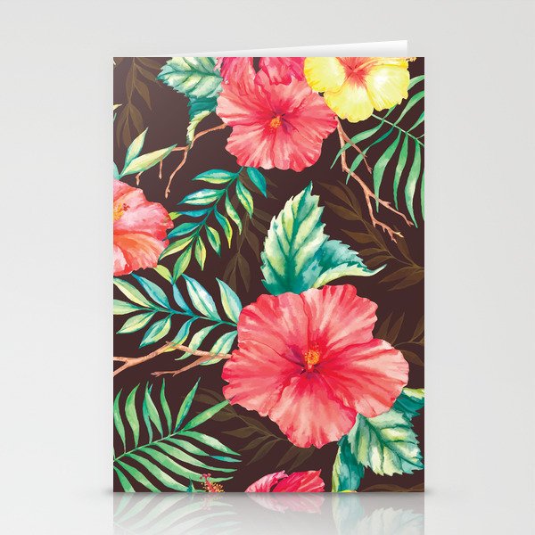 Hand drawn watercolor seamless pattern with colorful tropical flowers hibiscuses and leaves on the dark background Stationery Cards