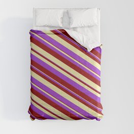 [ Thumbnail: Dark Orchid, Dark Red, and Pale Goldenrod Colored Striped/Lined Pattern Comforter ]