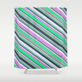 [ Thumbnail: Eyecatching Dark Gray, Dark Slate Gray, Lavender, Violet, and Green Colored Striped Pattern Shower Curtain ]