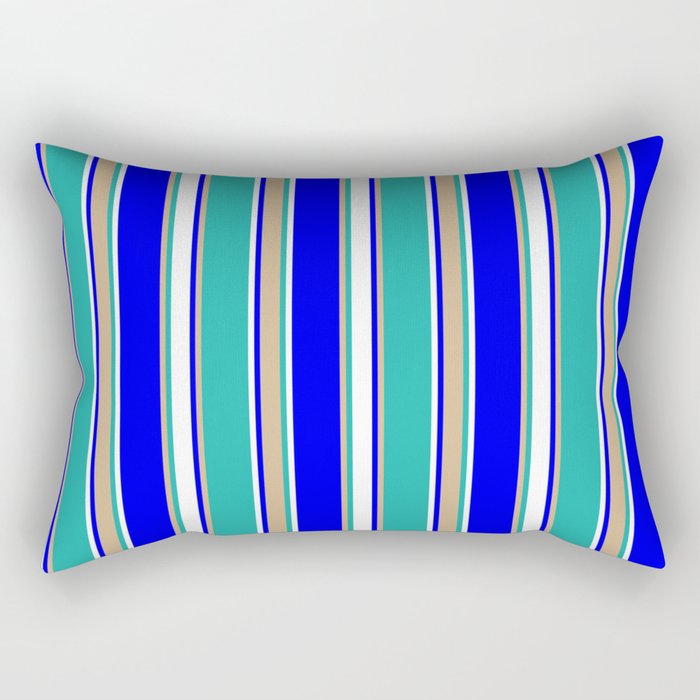 Blue, Tan, Light Sea Green, and White Colored Striped Pattern Rectangular Pillow