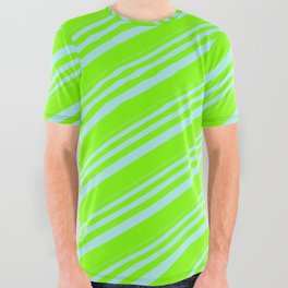 [ Thumbnail: Turquoise & Chartreuse Colored Stripes/Lines Pattern All Over Graphic Tee ]