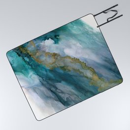 Wild Rush - abstract ocean theme in teal gray gold, marble pattern Picnic Blanket