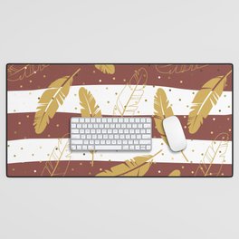 Golden Feathers and Cinnamon Brown on White Desk Mat