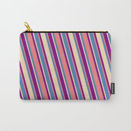 [ Thumbnail: Blue, Tan, Purple & Light Coral Colored Pattern of Stripes Carry-All Pouch ]