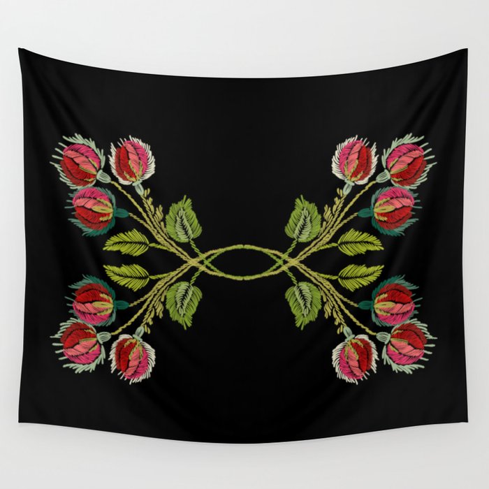 Embroidered Scandi Flowers Wall Tapestry