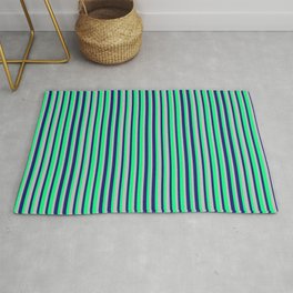 [ Thumbnail: Midnight Blue, Green, and Grey Colored Stripes/Lines Pattern Rug ]