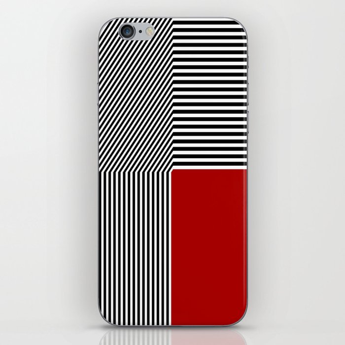 Geometric abstraction, black and white stripes, red square iPhone Skin