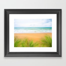 Palm or coconut leaves with Blue sea and blue sky with sand beach at coast. ocean Phuket Island in thailand. tropical nature landscape. for tourist vacation travel summer holidays concept. Framed Art Print