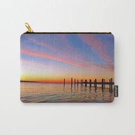 Sunrise and pier on Patuxent River, Maryland Carry-All Pouch | Pier, Sunrise, Color, Reflection, Clouds, River, Sky, Nature, Landscape, Pink 