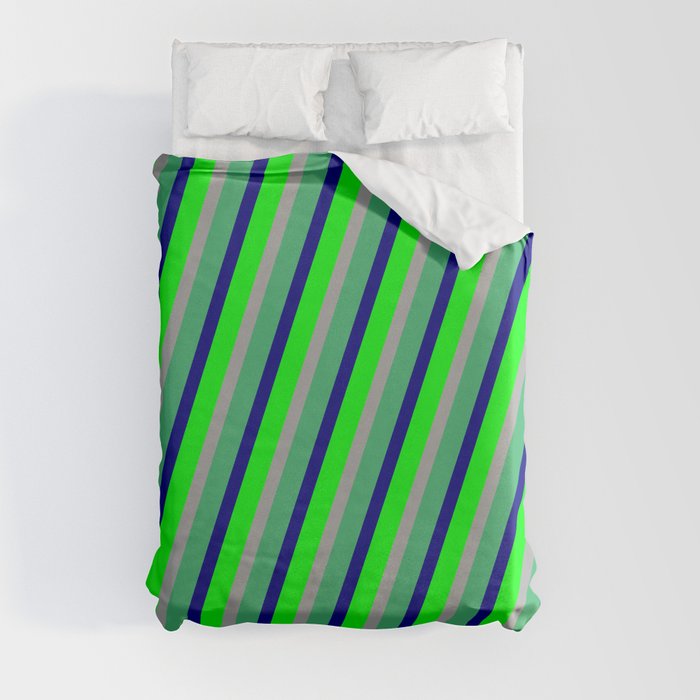 Sea Green, Blue, Lime & Dark Gray Colored Lines Pattern Duvet Cover