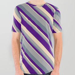 [ Thumbnail: Dark Gray, Slate Gray, Indigo, and Bisque Colored Stripes Pattern All Over Graphic Tee ]