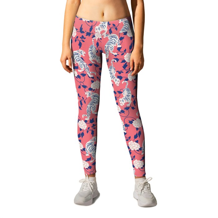 Tigers Coral Pink Blue Leggings