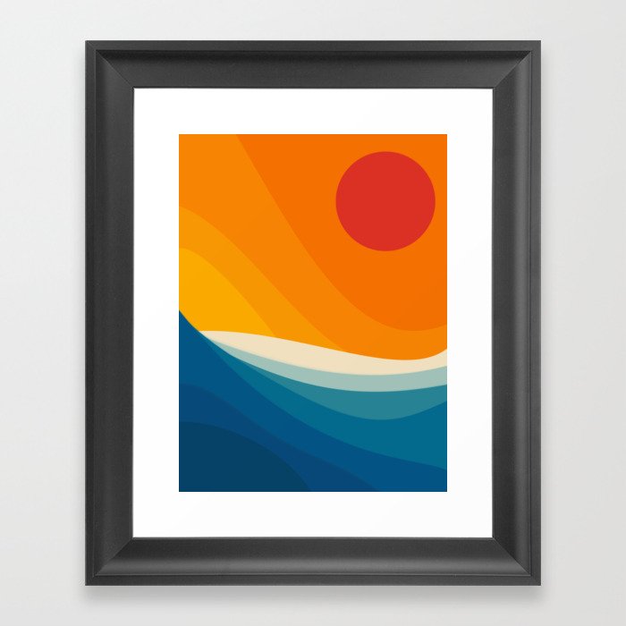 Abstract colorful landscape with wavy sea and sun Framed Art Print