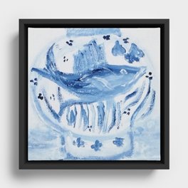 Blue and White Ginger Jar with Fish Motif  Framed Canvas