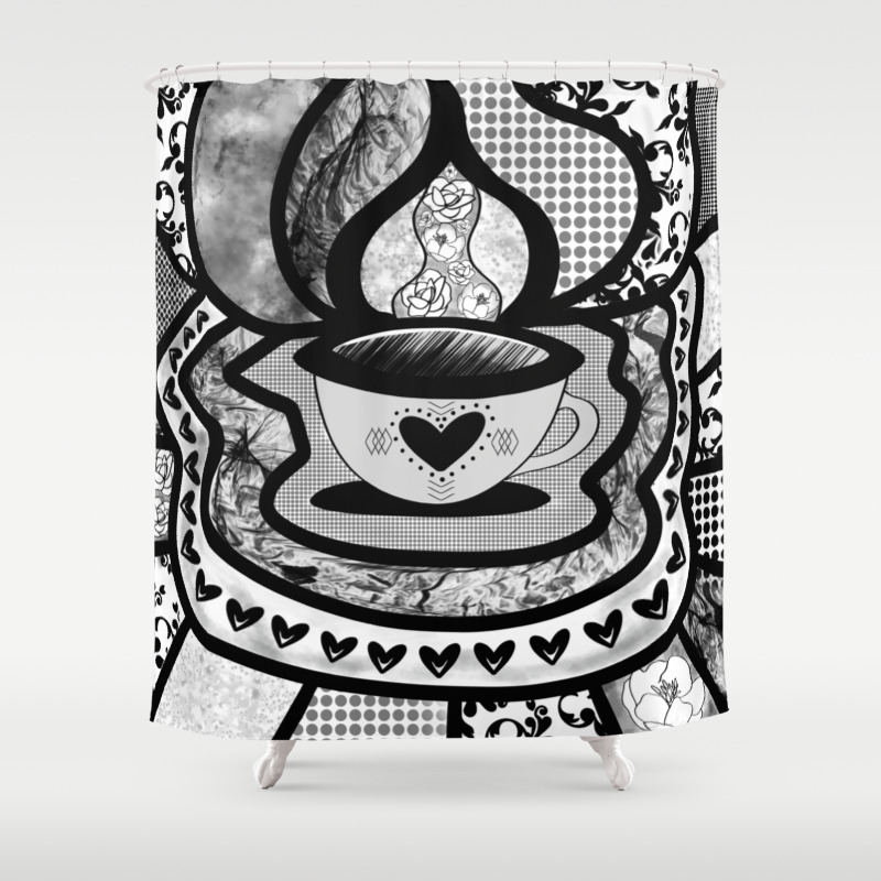 Abstract Black And White Teacup Collage Shower Curtain By