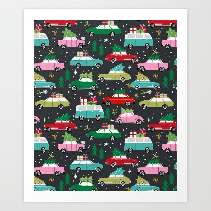 Christmas Pattern Print Vintage Cars Holiday Gifts Presents