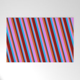 [ Thumbnail: Deep Sky Blue, Dark Red, Chocolate & Violet Colored Lines/Stripes Pattern Welcome Mat ]