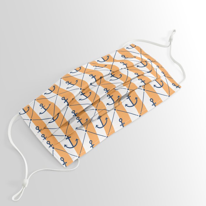 Navy Blue Anchor Pattern on White and Bright Orange Face Mask