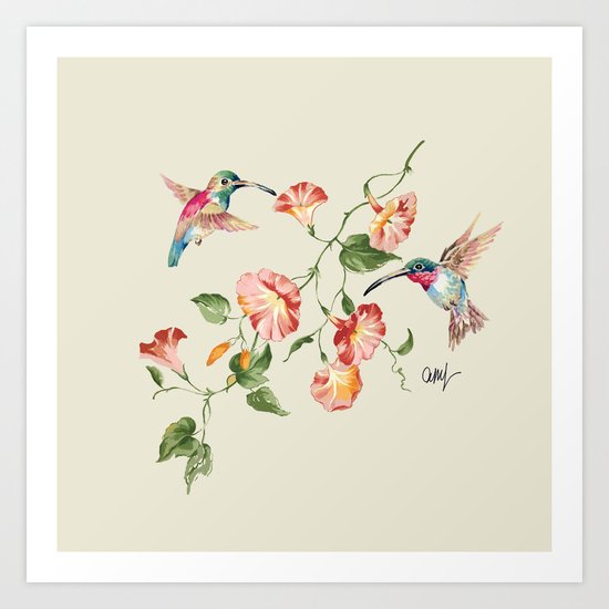hummingbirds & morning glories Art Print