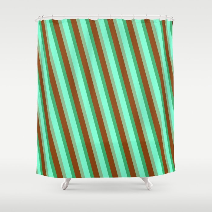 Brown, Sea Green, Aquamarine, and Dark Sea Green Colored Lined Pattern Shower Curtain