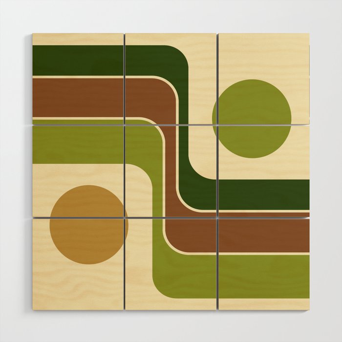 Retro Geometric Design 751 Green Brown Gold and Beige Wood Wall Art