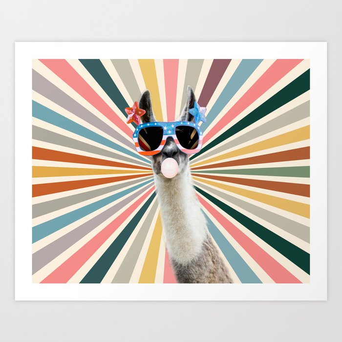 Bubble gum llama sunglasses in sun retro Art Print