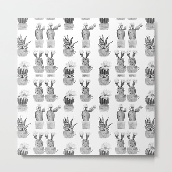 Potted Cactus Black and White Metal Print