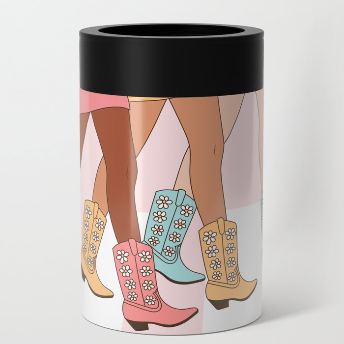 Sisters in Cowboy Boots with Daisy, Girls Walking, Cowgirl Friendship Art Can Cooler