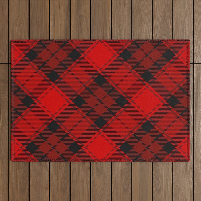 Red Tartan with Diagonal Dark Red and Black Stripes Outdoor Rug