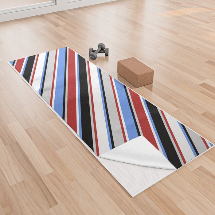 Eyecatching Cornflower Blue, White, Red, Light Gray & Black Colored Lined/Striped Pattern Yoga Towel