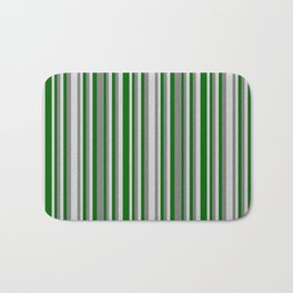 [ Thumbnail: Grey, Light Grey & Dark Green Colored Striped Pattern Bath Mat ]