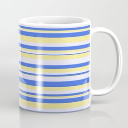 [ Thumbnail: Tan, Lavender & Royal Blue Colored Striped/Lined Pattern Coffee Mug ]