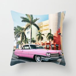 Pink Cadillac , Miami Beach Florida Throw Pillow