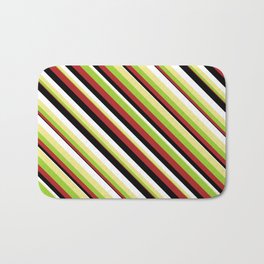 [ Thumbnail: Eye-catching Tan, Green, Red, Black & White Colored Striped/Lined Pattern Bath Mat ]