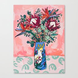 Cockatoo Vase on Painterly Pink Canvas Print
