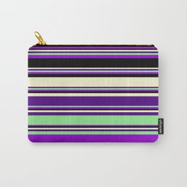 [ Thumbnail: Eyecatching Light Yellow, Indigo, Light Green, Dark Violet & Black Colored Stripes/Lines Pattern Carry-All Pouch ]