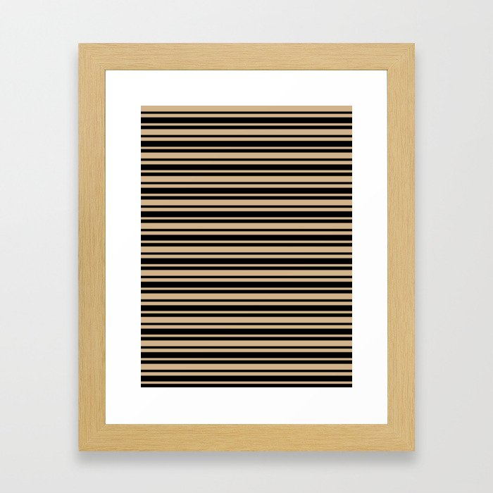 Tan Brown and Black Horizontal Var Size Stripes Framed Art Print