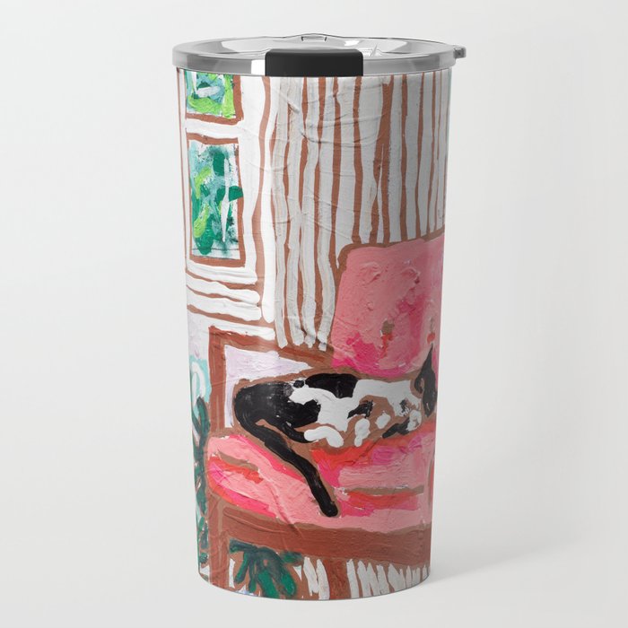Little Naps - Tuxedo Cat Napping in a Pink Mid-Century Chair by the Window Travel Mug