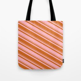[ Thumbnail: Light Pink & Chocolate Colored Striped Pattern Tote Bag ]