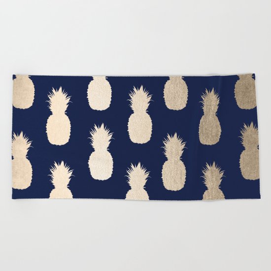 Gold Pineapple Pattern Navy Blue Beach Towel