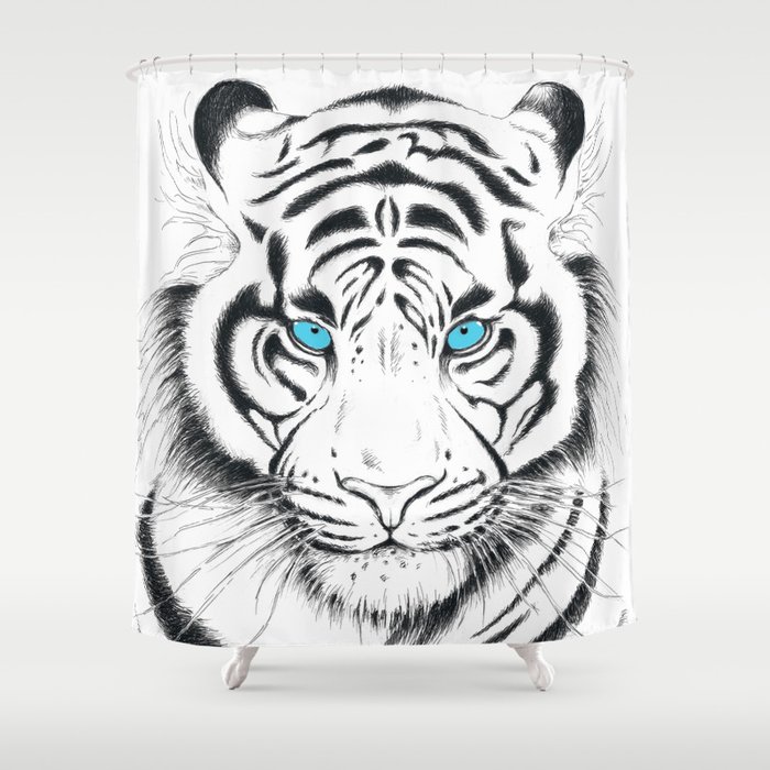 White Bengal tiger Blue Eyes Ink Art Shower Curtain